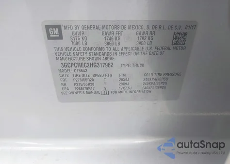 2017 Chevrolet Silverado 1500 1Lt z USA, uszkodzony, nr VIN 3GCPCREC2HG317962